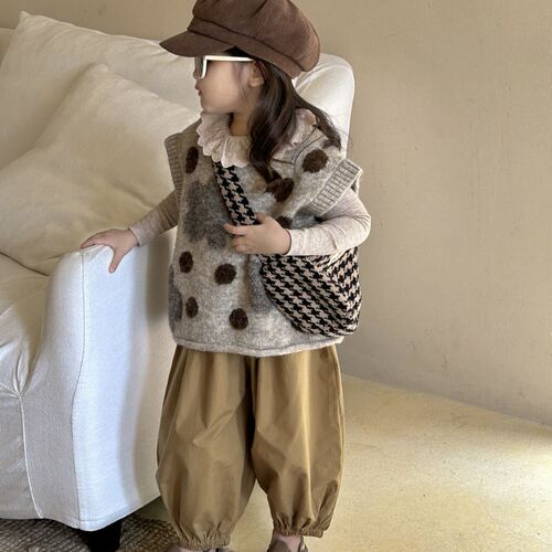 2024 spring new children's clothing, Korean style children's clothing, girls' big polka dot Korean style vest, knitted wool vest