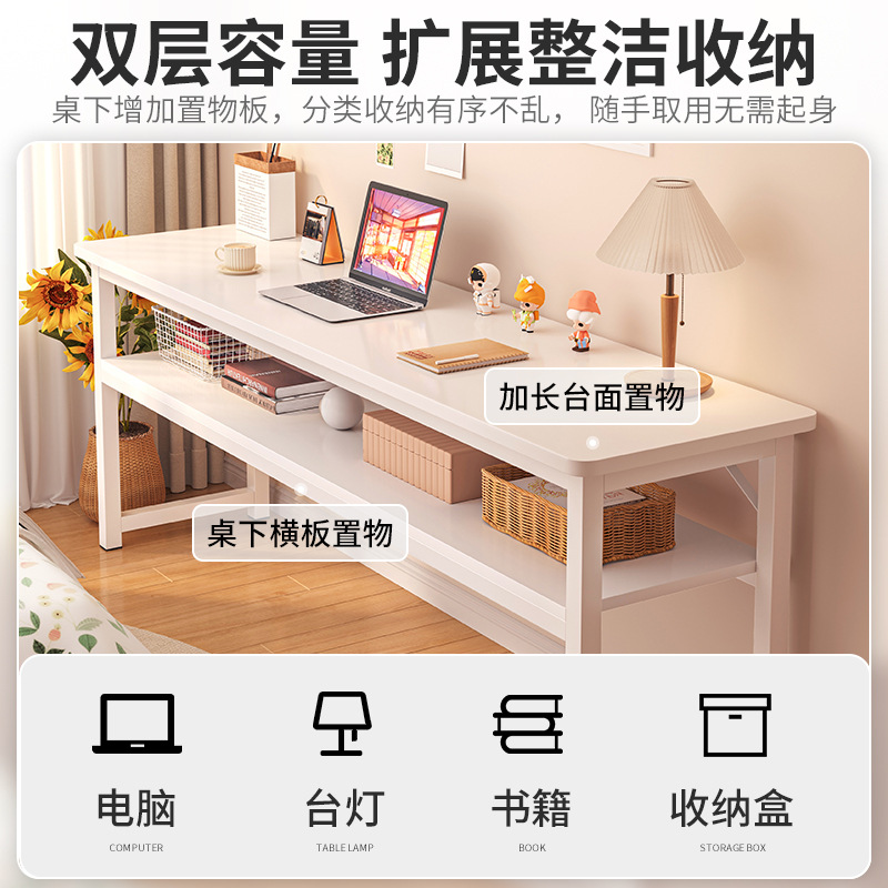 Escritorio largo, escritorio para computadora en casa para estudiantes, dormitorio para niñas, escritorio de aprendizaje simple, blanco contra la pared, escritorio estrecho