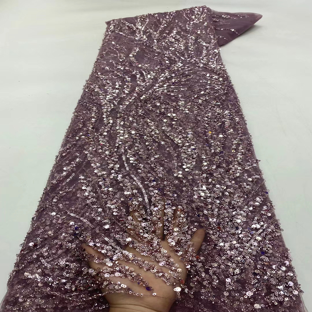 Tela de encaje de tubo de cuentas teñidas tela europea y americana irregular gran máquina bordado vestido de novia tela con cuentas JX1949