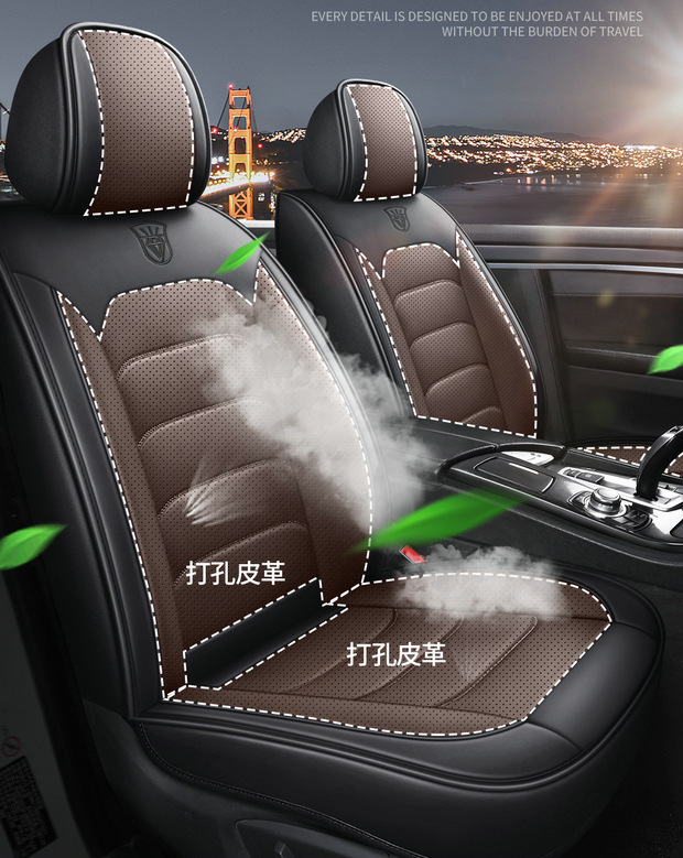 Four-Season Universal Car Seat Cover, Car Seat Cushion, Nappa Leather Fully Enclosed Seat Cushion, Perforated, Breathable and Wear-Resistant, Five Seats