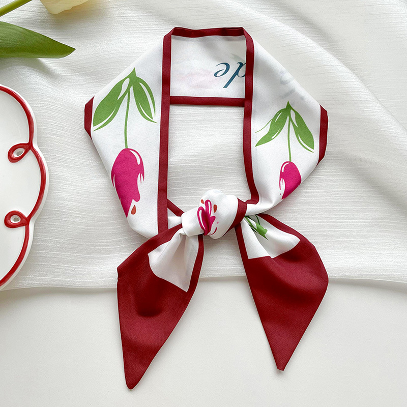 Blanco y Rojo larga pequeña bufanda de las mujeres de estilo coreano versátil multifuncional corbata de pelo bolsa decorativa bufanda cinta accesorios para el cabello