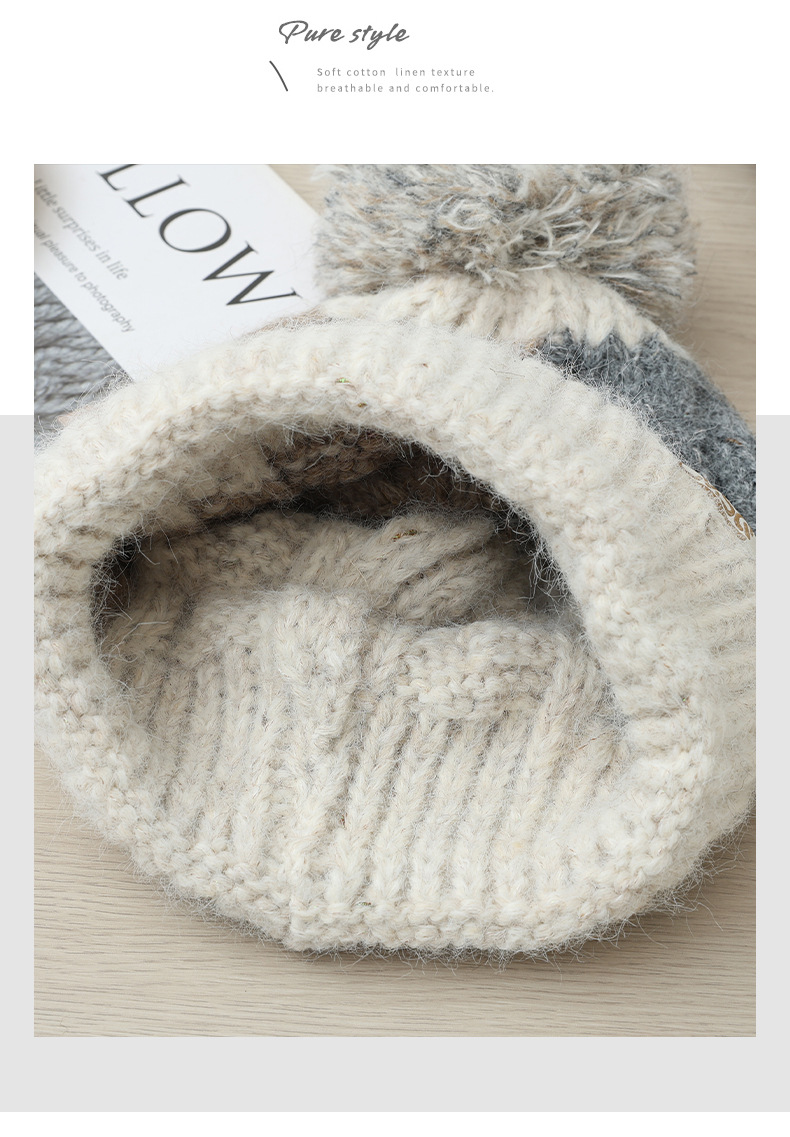 Fashion Versatile Color Block Pom Knitted Autumn Winter Outdoor Fleece Lined Thickened Warm Artistic Retro Pullover Hat_voghion.com