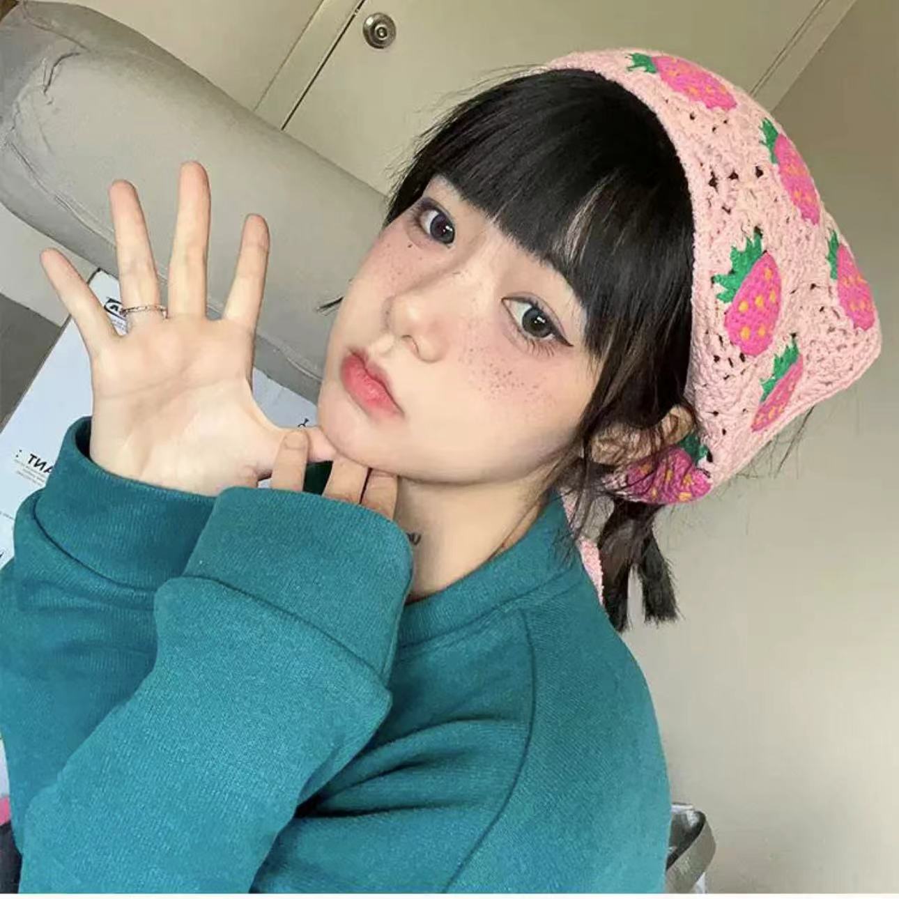 多巴胺可愛草莓三角巾頭巾女夏針織綁發髮帶森系田園風海邊出遊