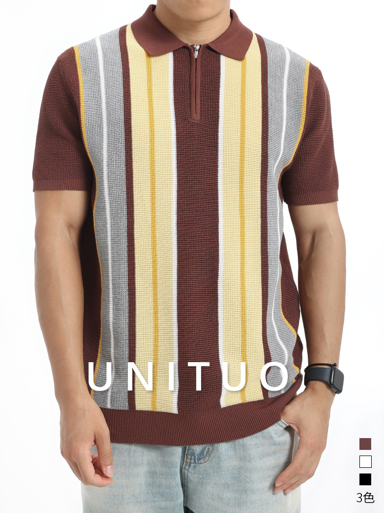 Europa y los Estados Unidos transfronterizos hombres hielo tejido polo camiseta comercial solapa rayas de manga corta polo camiseta polo al por mayor