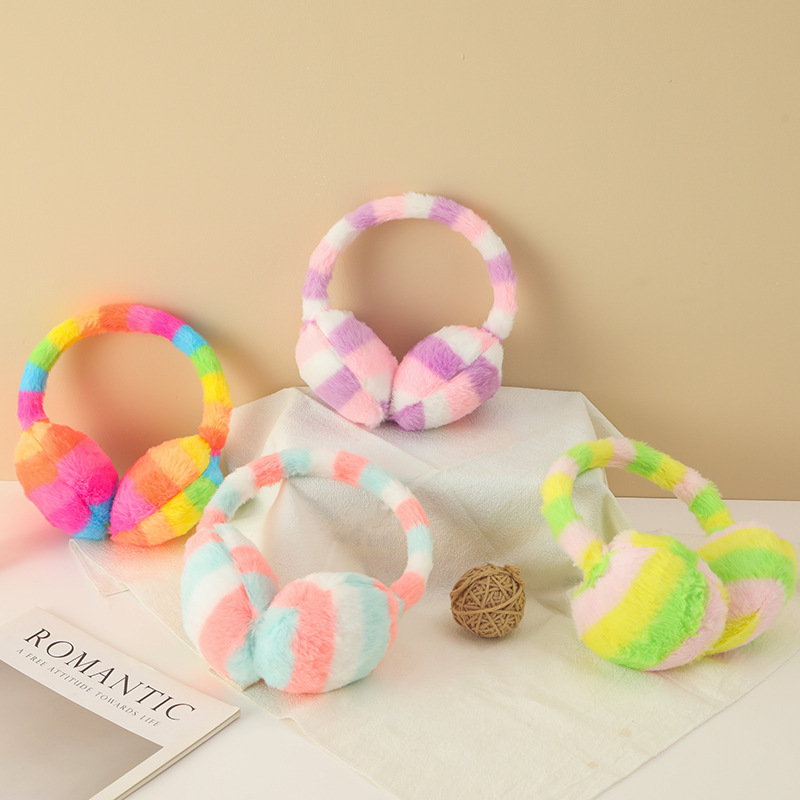 Cross-Border Winter Warm Retractable Earmuffs Thickened Warm Rainbow Plush Earmuffs Ear Protection Earmuffs Wholesale