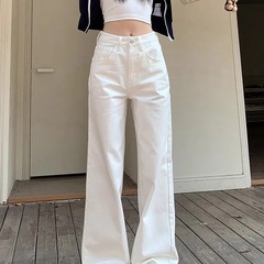 美式直筒阔腿裤女2025年春新款百搭经典白色高腰显瘦拖地牛仔裤子