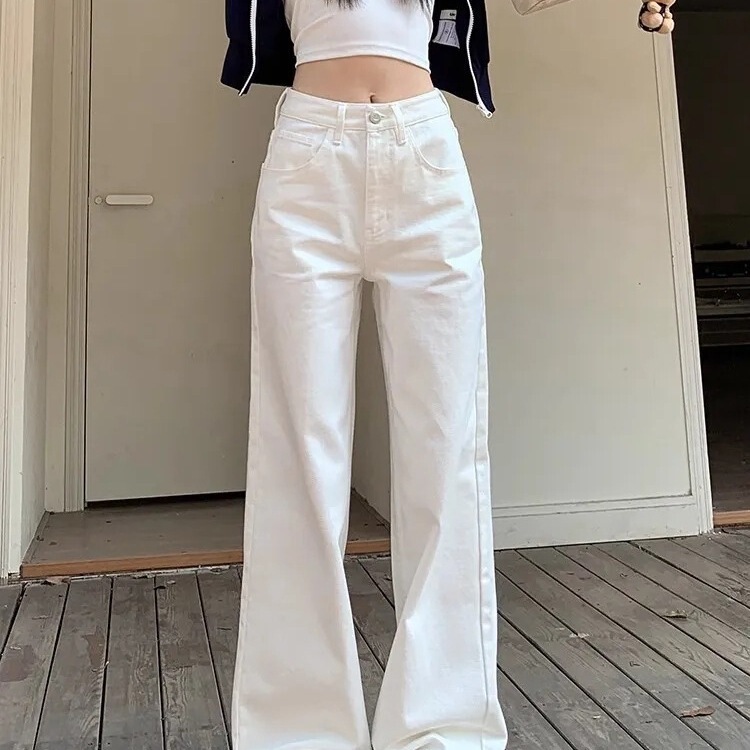 American Straight Wide-Leg Pants for Women 2025 Spring New Versatile Classic White High-Waist Slim Floor-Length Jeans