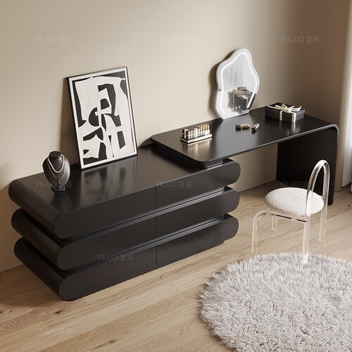 Italian Minimalist Dresser with Integrated Nightstand Bedside Cabinet, Luxury Modern Simple Black Wood Vanity