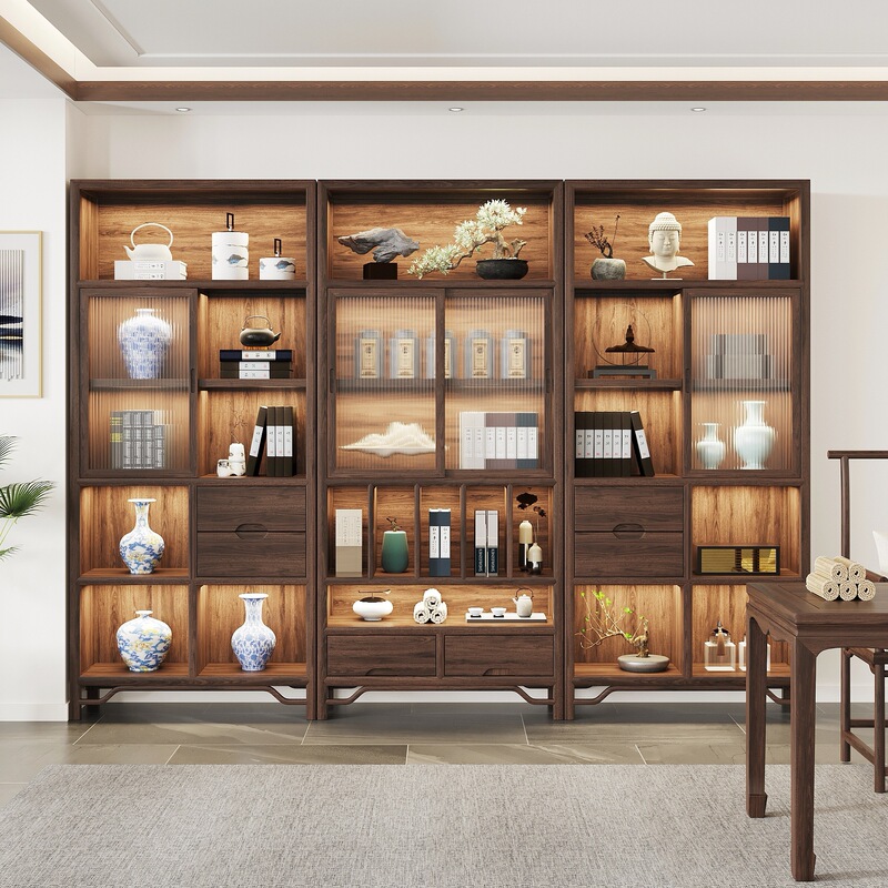 New Chinese Style Solid Wood Bogu Shelf Sliding Door Glass Door Bookshelf Living Room Bookcase with Cabinet Door Floor-Standing Tea Room Storage Cabinet