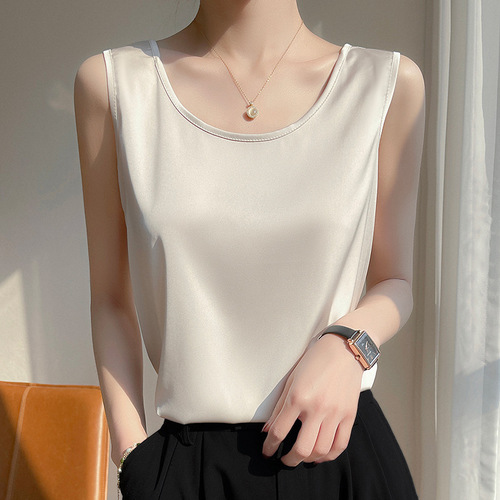 Spring and summer satin mulberry silk glossy wide shoulder suspenders round neck sleeveless vest women's inner layering shirt foreign trade wholesale