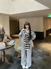 慵懒风套装条纹披肩撞色假两件卫衣女秋季拖地休闲裤运动裤两件套