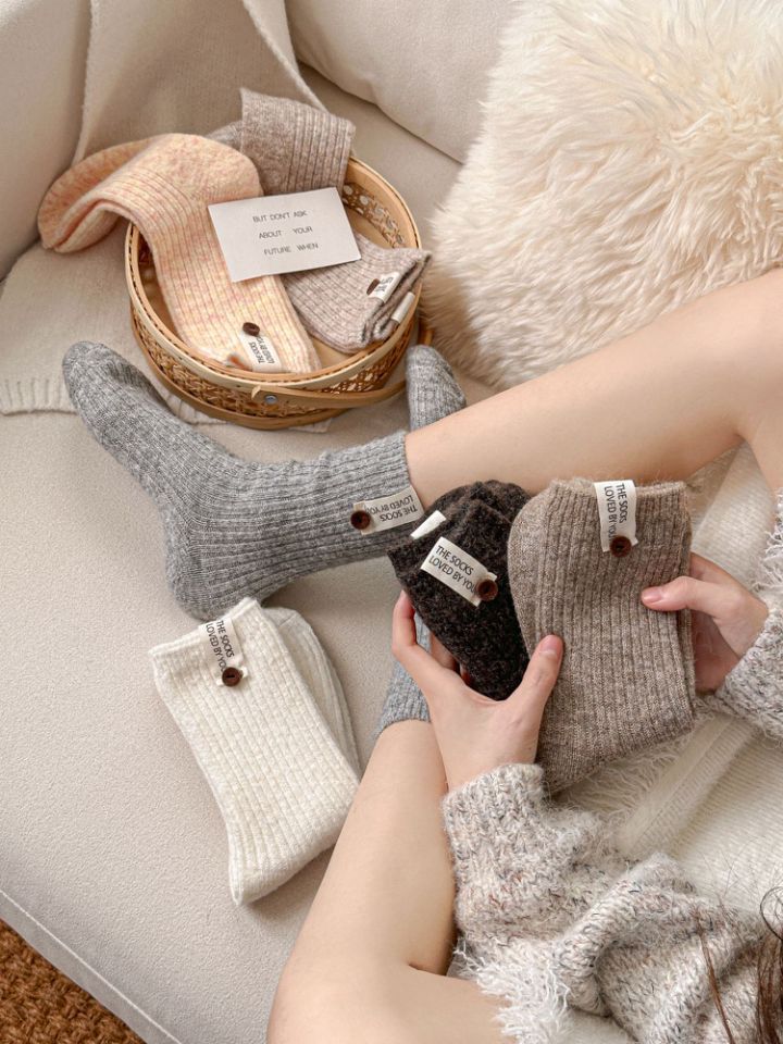 5shuang Button Wool Stockings Children's Medium Tube Socks Solid Color Thickened Warm Versatile Japanese Stacking Socks_voghion.com