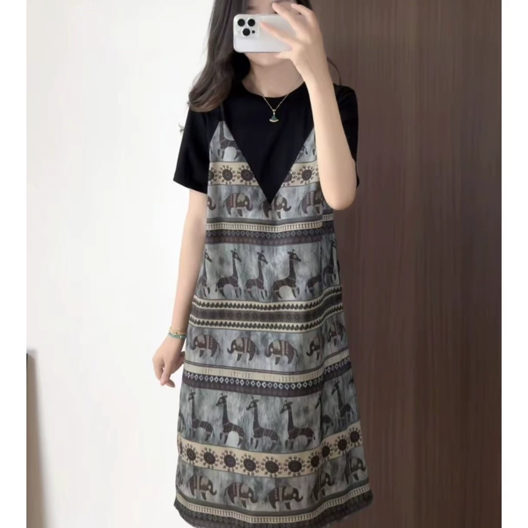 Летнее платье в западном стиле с длинной юбкой, цветочным принтом в форме оленя и плотной тканью.