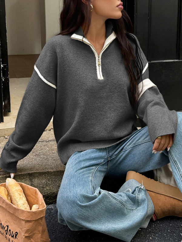 迪芸跨境欧美休闲简约纯色长袖拉链毛衣女装2025秋冬亚马逊独立站|undefined