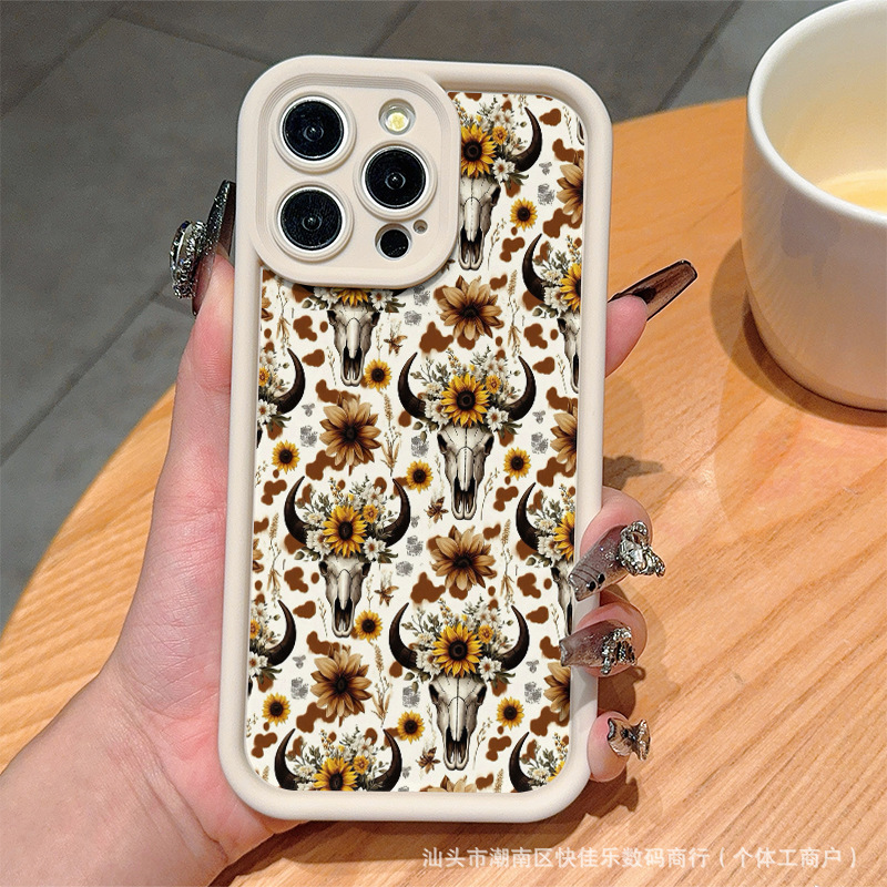 Western Niutou Flower for Apple 15/14/13promax Mobile Phone Case iPhone12/11 Soft Bag xr/xs