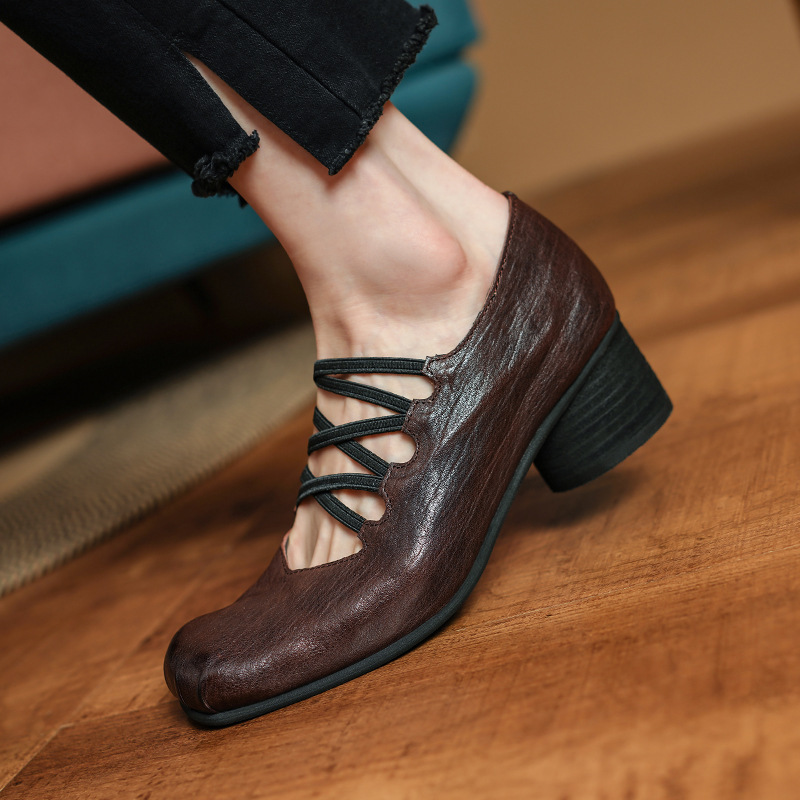 Horsehide 2025 Retro Genuine Leather Flats Cross-Strap High-Heeled Ballet Shoes Pig Nose Thick Heel Mary Jane Shoes Horsehide 2025 Retro Genuine Leather Flats Cross-Strap High-Heeled Ballet Shoes Pig Nose Thick Heel Mary Jane Shoes