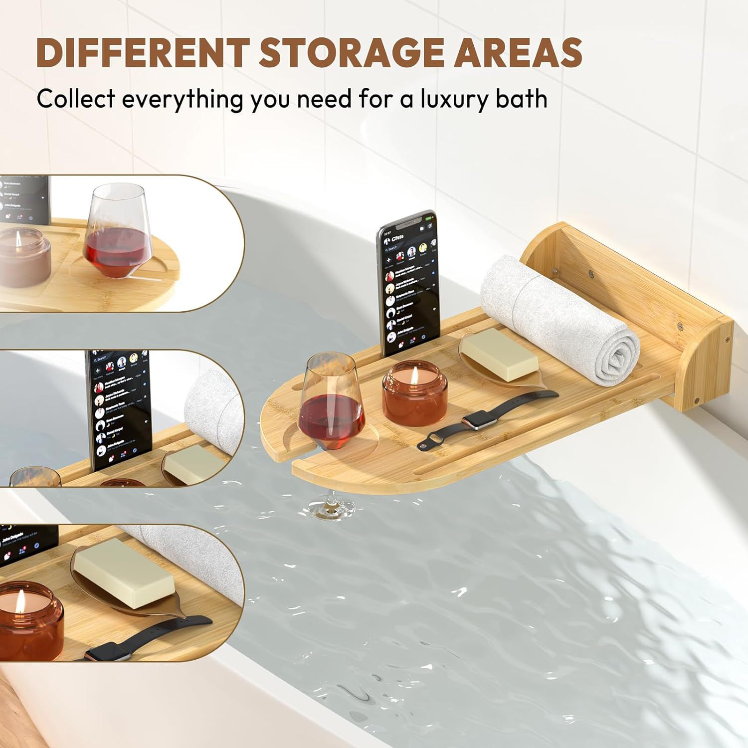 Estante de almacenamiento colgante de madera Estante de baño de madera maciza Bocadillos plegables junto a la bañera Bandeja de copa