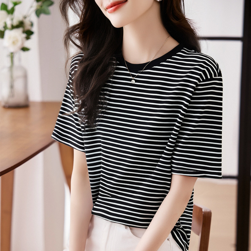 Brand Cotton Striped T-Shirt for Women 2026 Summer New Fashion Youthful Versatile Top Slimming Cover-Up Blouse for Ladies Brand Cotton Striped T-Shirt for Women 2026 Summer New Fashion Youthful Versatile Top Slimming Cover-Up Blouse for Ladies