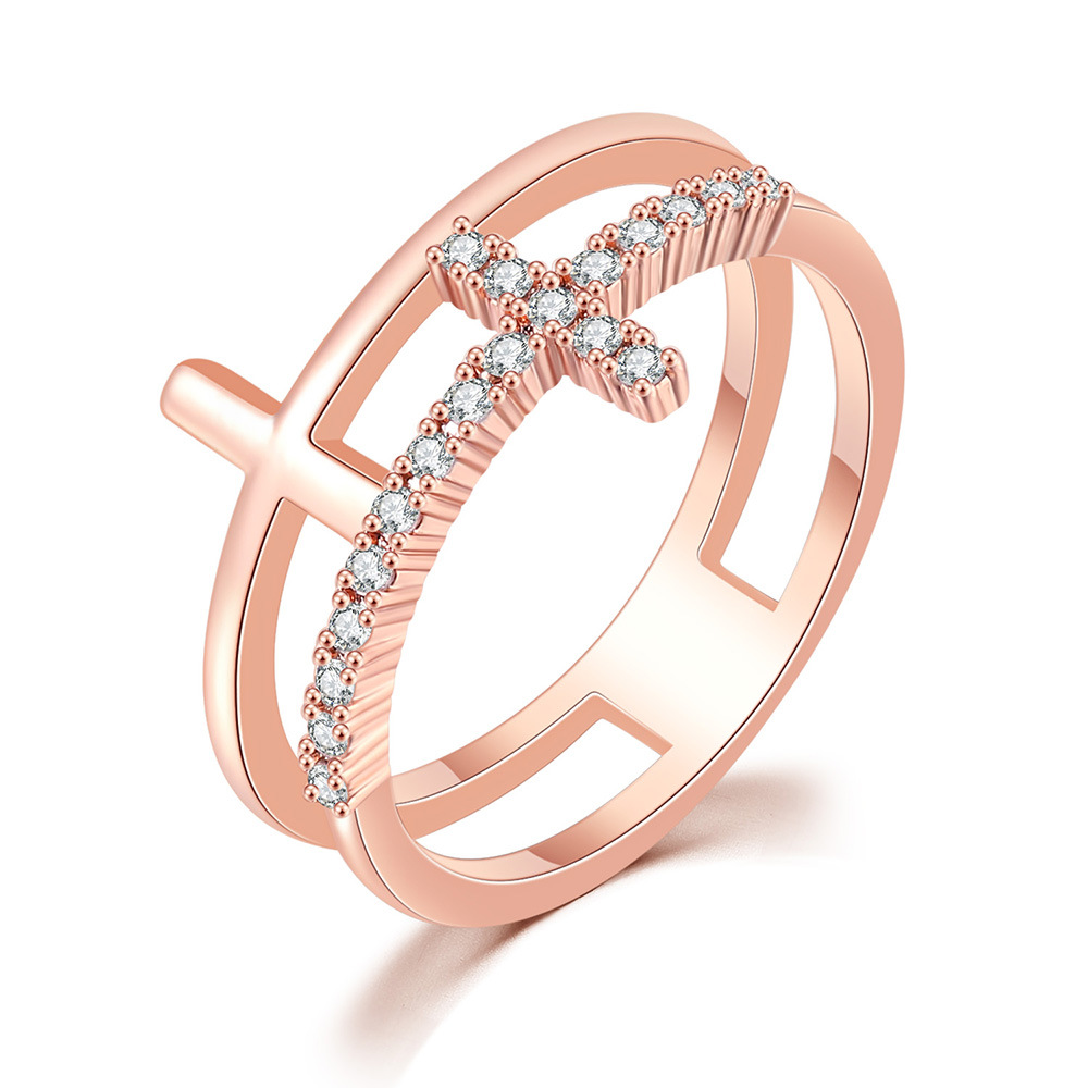 Double Cross Ring Gold Plated Zircon Wedding Ring For Couples_voghion.com