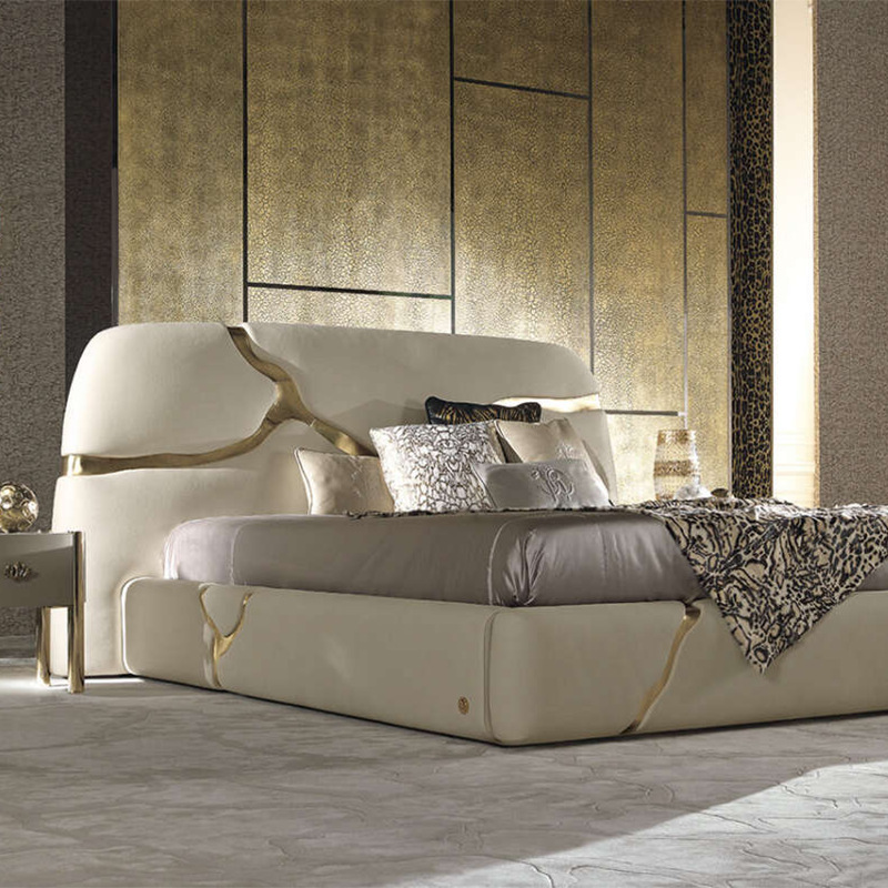 Italian Roberto Classy Modern Accessible Luxury Leather Large Bed Mountain Crack Master Bedroom House Furniture Double Bed