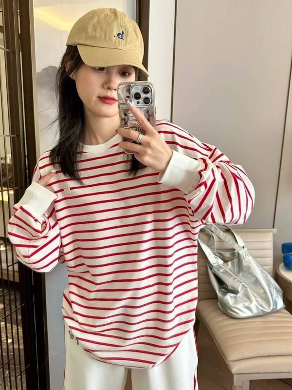 ader潮牌春秋条纹圆领宽松休闲百搭慵懒风打底衫复古男女同款长袖|undefined