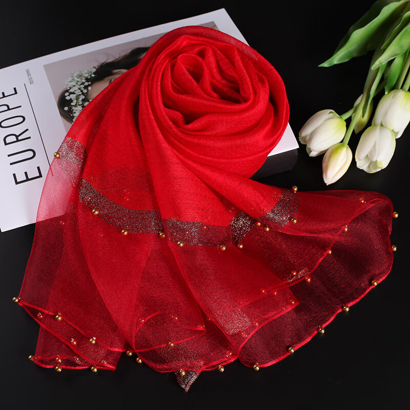 丝巾真丝钉珠桑蚕丝女士配礼服穆斯林头巾纯色春季礼品长纱巾批发