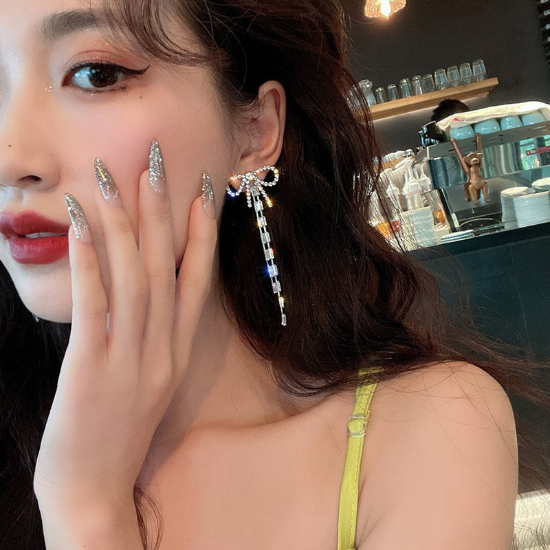 S925银针时尚蝴蝶结流苏耳环韩系高级感耳钉气质锆石轻奢小众耳饰|undefined