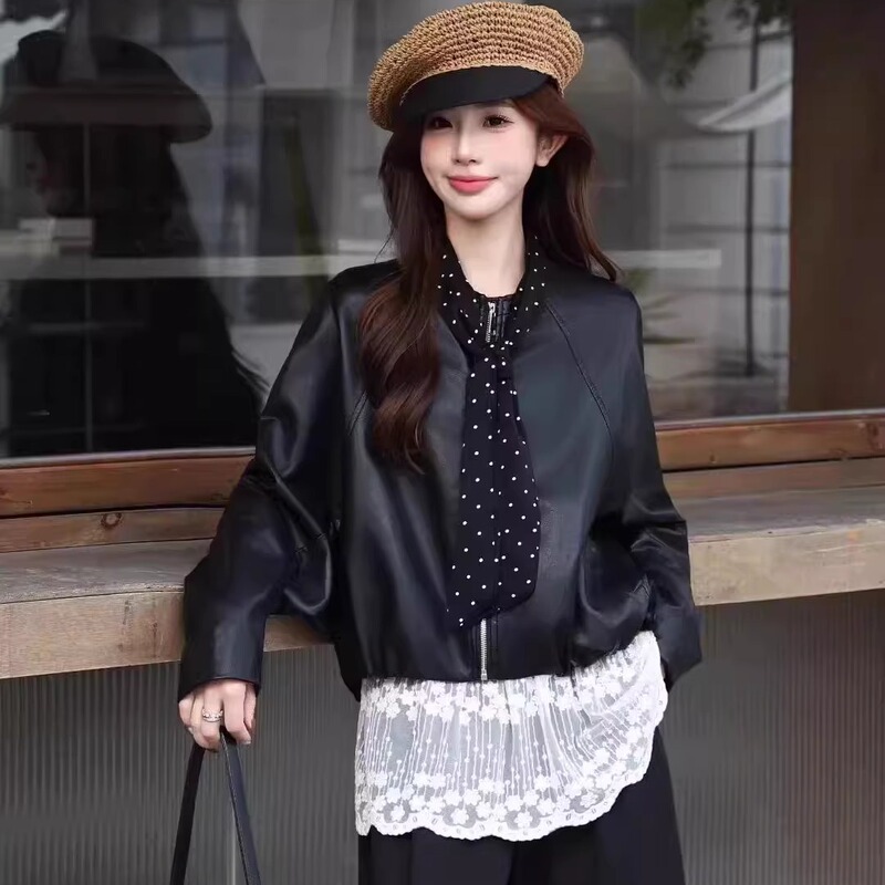 韩版时尚百搭宽松显瘦园领长袖PU皮衣外套潮女2025秋季新款配丝巾|undefined