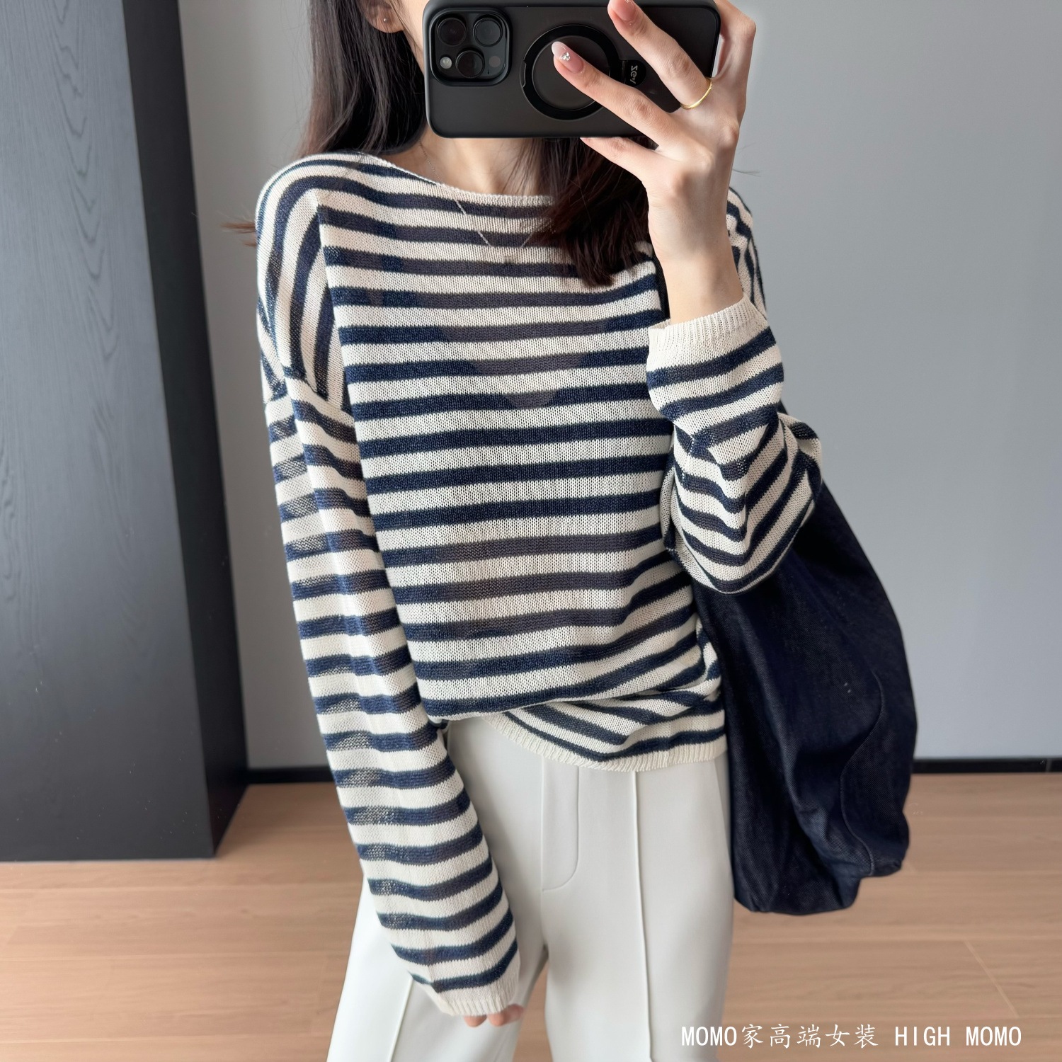 Slim 10kg ~ lazy wind 2025 spring new one-word crew neck thin striped long sleeve sweater women's top