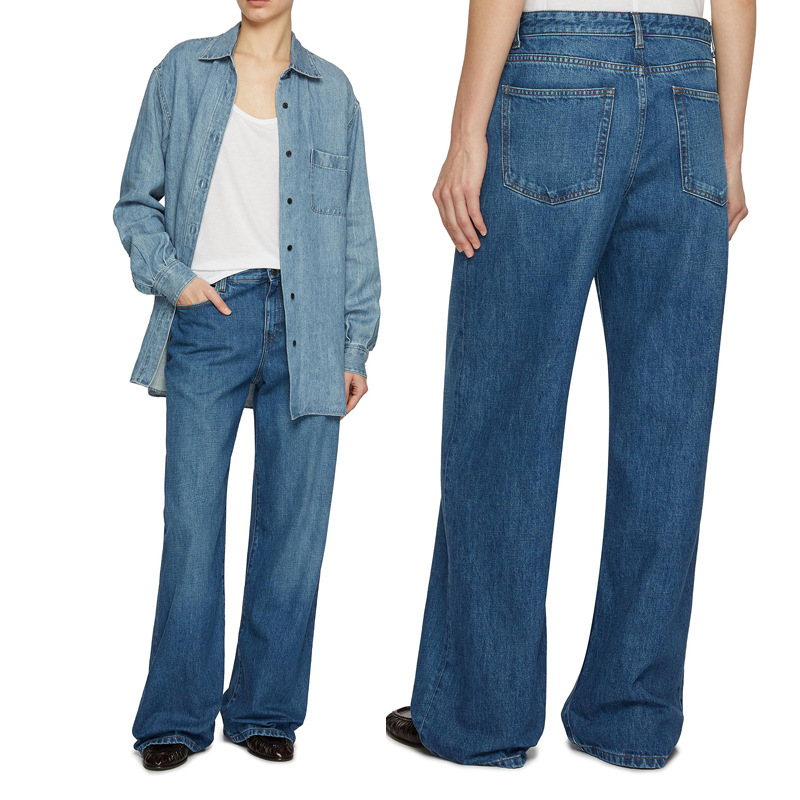 2025 Autumn and Winter New European and American the R Same Style Mid-Waist Retro Blue Wide-Leg Straight Denim Pants for Women