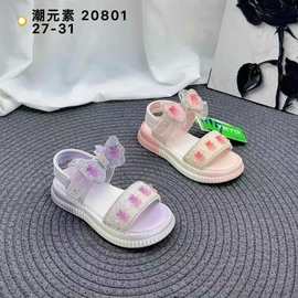 潮元素女童夏季新款女孩亮闪闪蝴蝶结女宝软底一字凉鞋一手码拿货