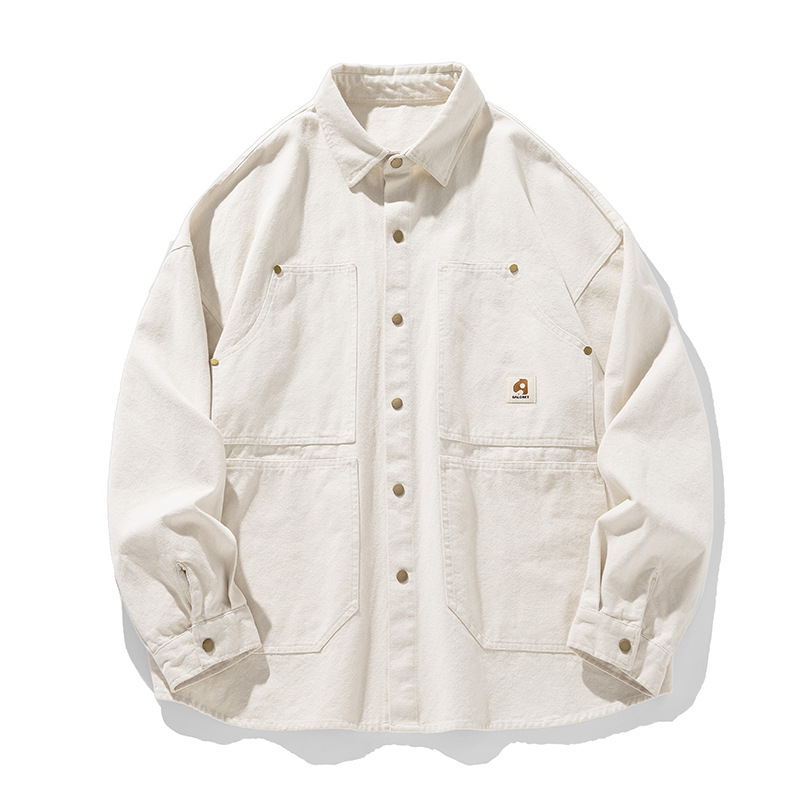 Camisa de manga larga estilo japonés para hombre, estilo informal, primavera 2025, nueva, holgada, retro, con tachuelas y parches, estilo chaqueta