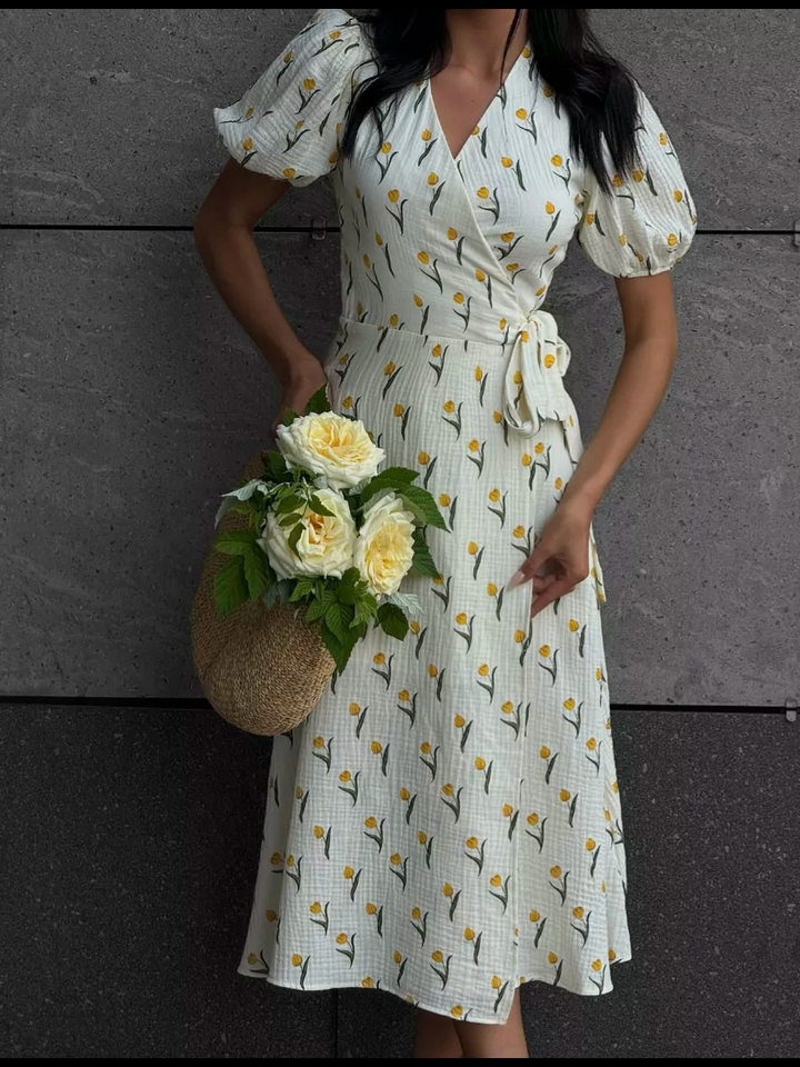 Đầm liền cotton in hoa cổ chữ V tay bồng buộc dây lưng cao — Hoa oải hương, Hoa tulip màu hồng, Màu be, Màu hồng chi tiết 76