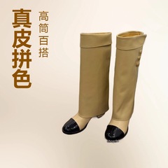 C辣妹高跟裤管靴女圆头拼色骑士靴小个子长筒靴