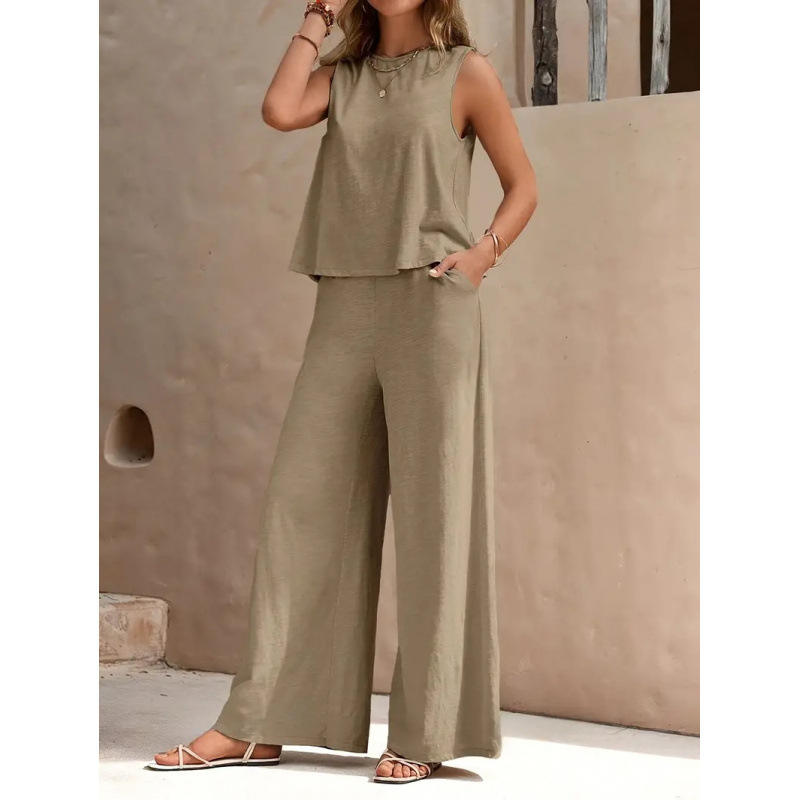 2025 Amazon European and American Cross-Border Popular Solid Color Elegant Two-Piece Round Neck Vest and Wide-Leg Pants Suit for Women
