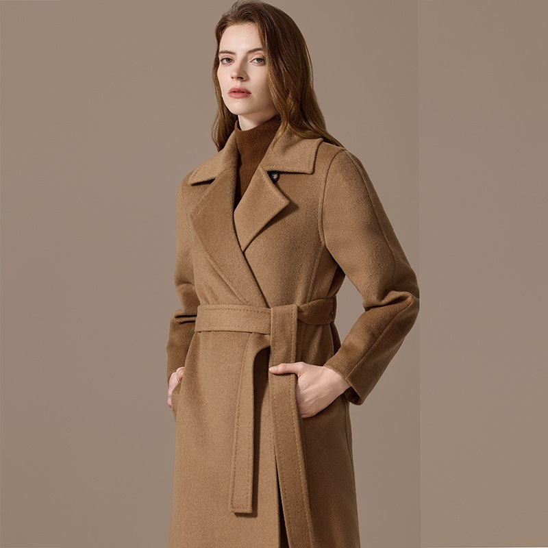 Lined with 100% Camel Wool, Winter Long Coat with a Cinched Waist, Classic Straight Shoulder, m Brand Women's Woolen Coat