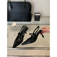 黑丝后绊带高跟鞋女尖头2025新款秋季后空气质单鞋黑色细跟夏凉鞋