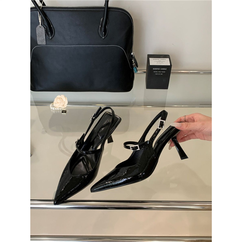 黑丝后绊带高跟鞋女尖头2025新款秋季后空气质单鞋黑色细跟夏凉鞋