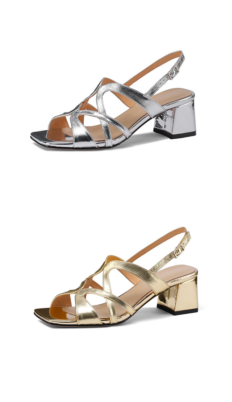 Sandal cao gót nữ da thật mũi vuông hở mũi gót thô 9 cm — Màu vàng, Màu bạc chi tiết 17