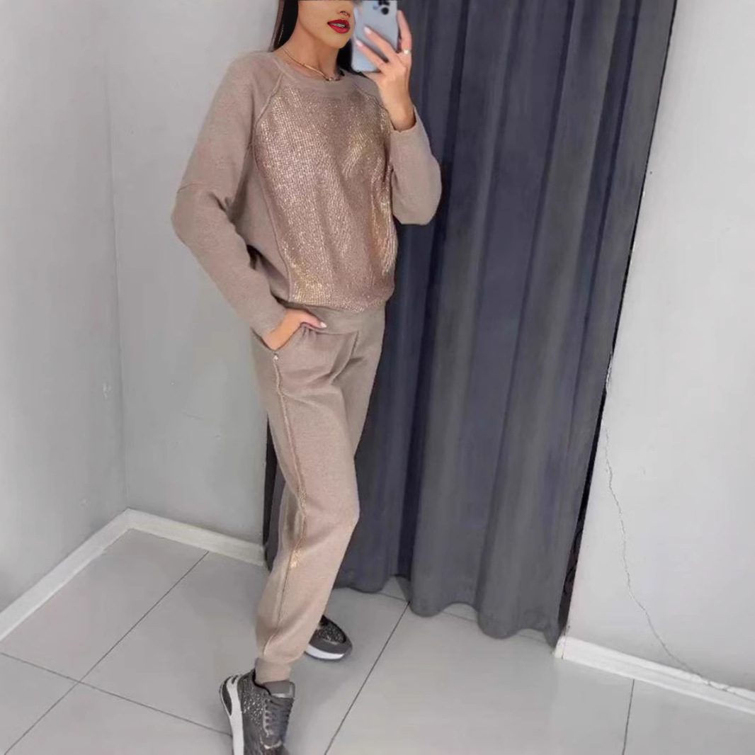 2024 European and American Explosions Amazon Spring and Autumn Fashion Casual Round Neck Rhinestone Sports Pocket suit Women's Wear