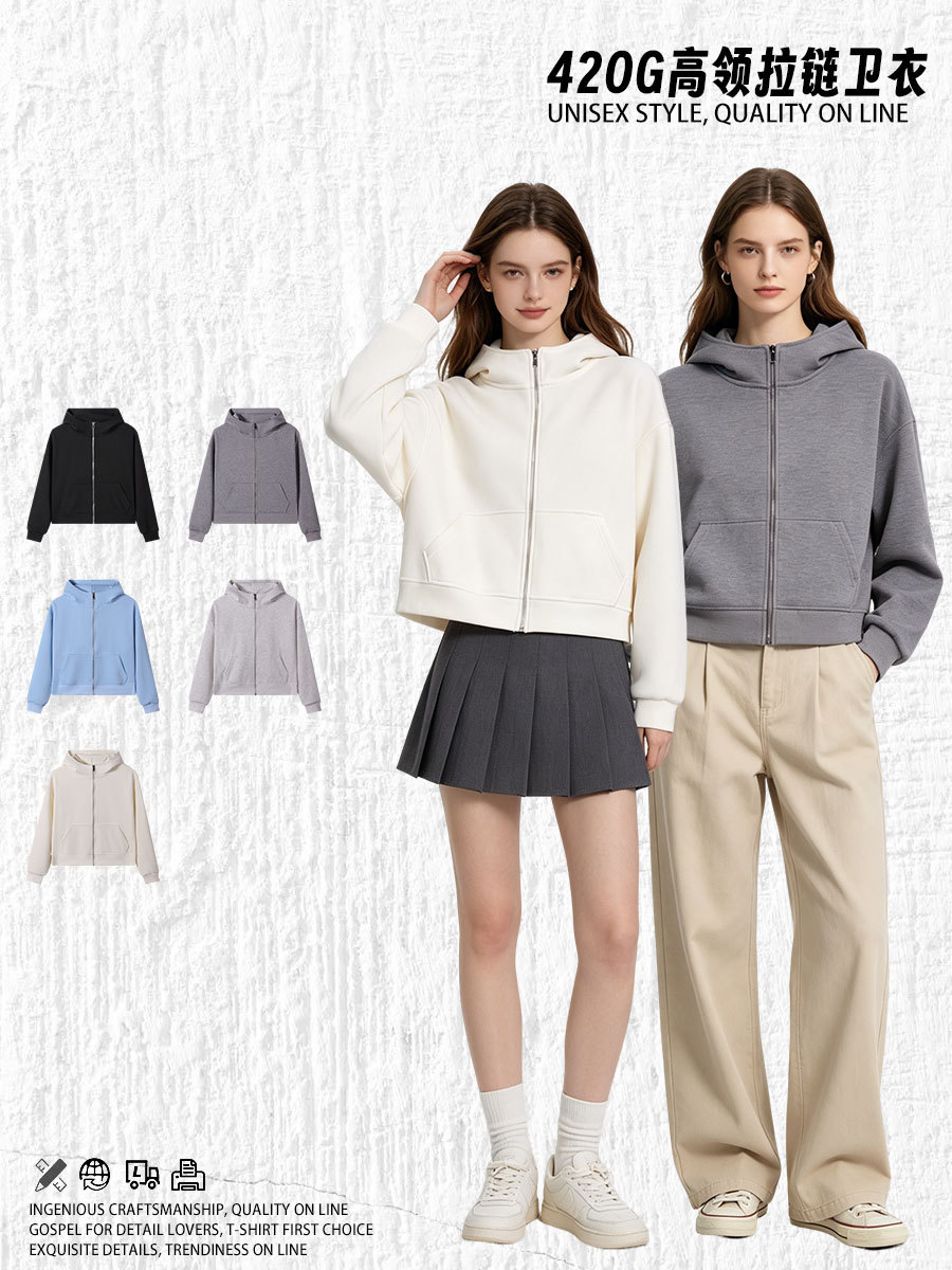 Ropa de mujer corta estilo coreano simple cuello alto con chaqueta con cremallera con capuchón de vello otoño y invierno pesado 420g suéter de algodón de isla image 3