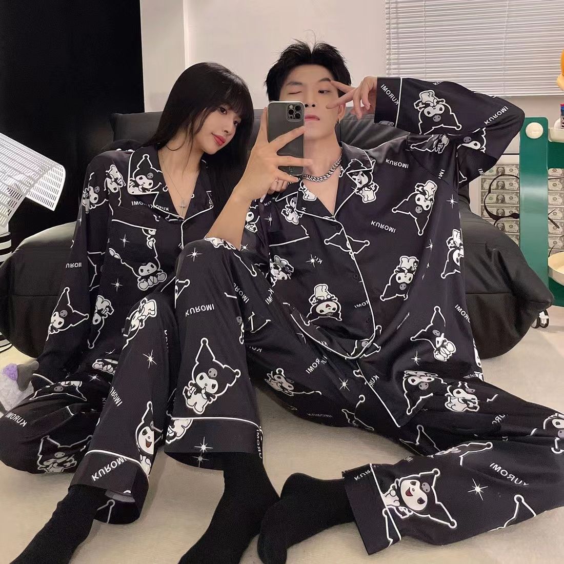 Japón Koolomi hielo pareja pijama mujer primavera y otoño manga larga hombre simulación seda set de ropa de casa verano