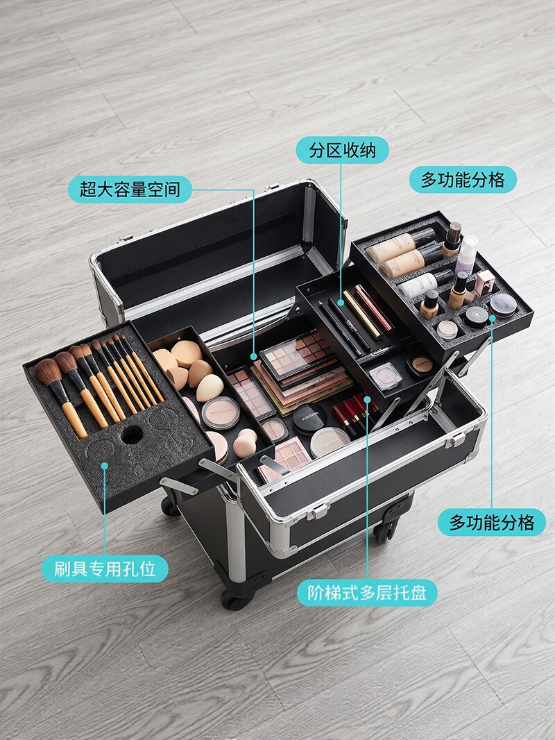 Caja de maquillaje de varilla de tracción transfronteriza de gran capacidad, maquillaje de bordado de uñas, maquillaje con maquillaje, caja de herramientas de peluquería móvil multicapa con bloqueo