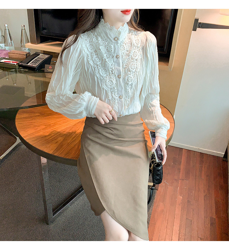 2022 Autumn/Winter new style fleece high-neck lace shirt chiffon shirt top, elegant base layer, fairy pic 14