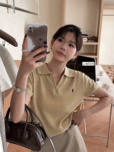 Core-spun yarn polo lapel short-sleeved T-shirt women's retro slimming shoulder half-zipper casual sweater horse label top