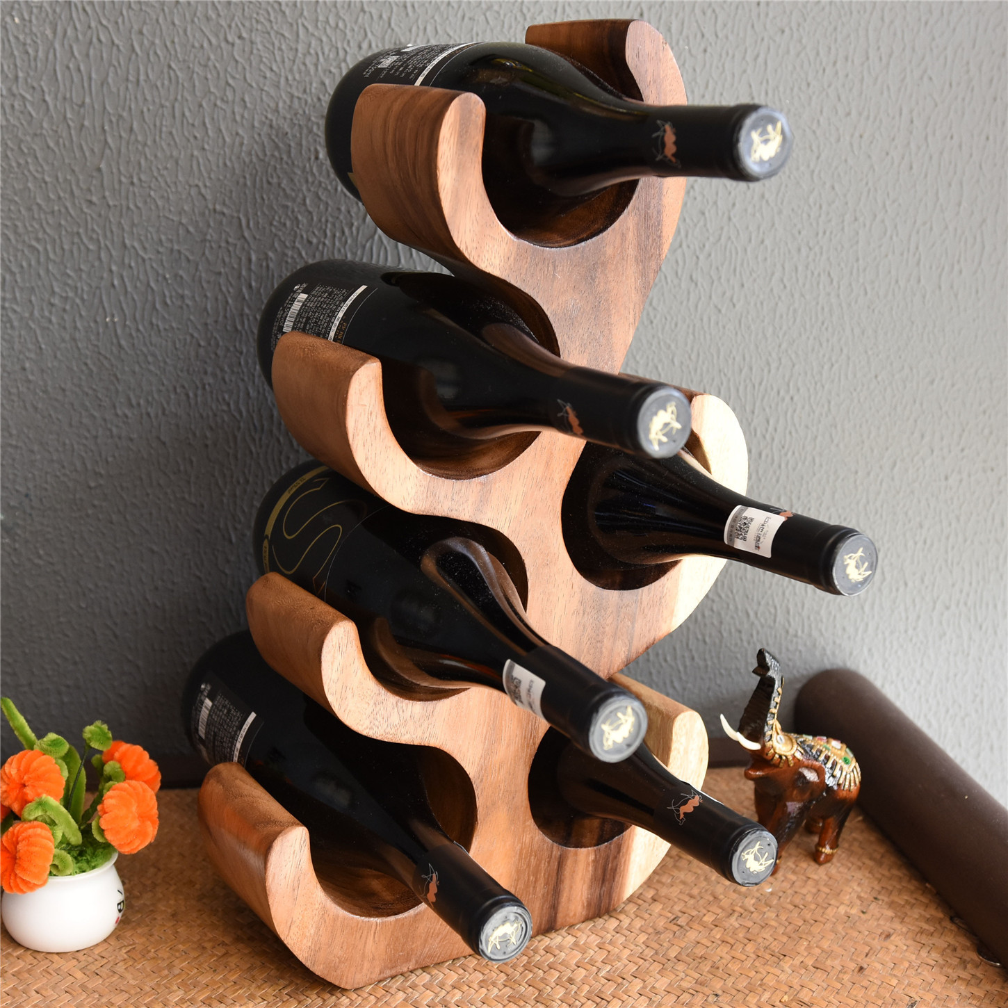 泰国进口柚木红酒架收藏家居酒庄摆件乔迁礼品东南亚风格店铺摆件