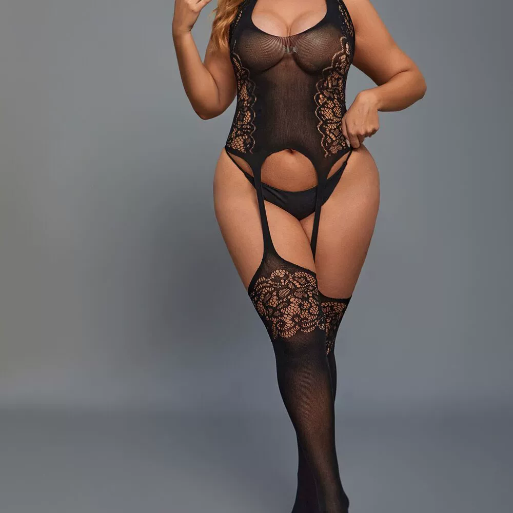 Боди для lingerie плюс‑размера с кружевами,halter garter teddy, черное, детали из кружева, один размер