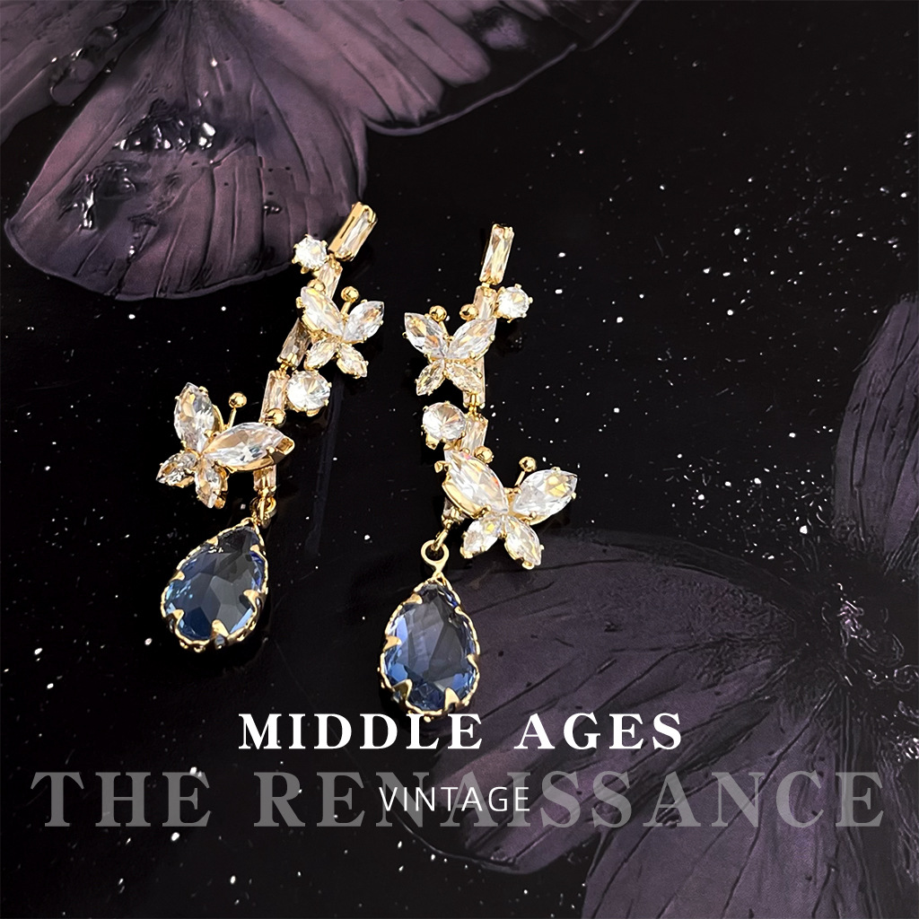 Vintage style lake blue glass crystal earrings, sweet and artistic earrings