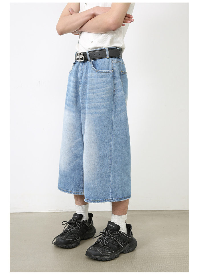 Quần short jean nữ ống rộng lửng cá tính phong cách đường phố — Làm cũ, Màu trắng, Rằn ri, Xanh lam cổ điển chi tiết 10