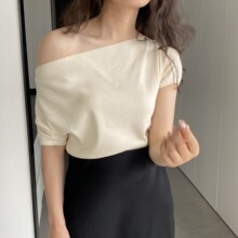 嘉织天丝纯色蝙蝠短袖上衣 夏季荡领一字肩无压力减肥T恤C1010